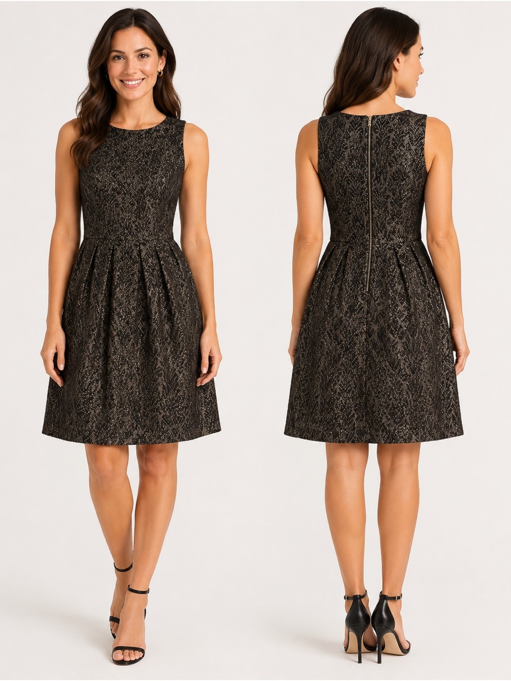 Sleeveless Black and Gold Pleated Fit-and-Flare Midi Dress